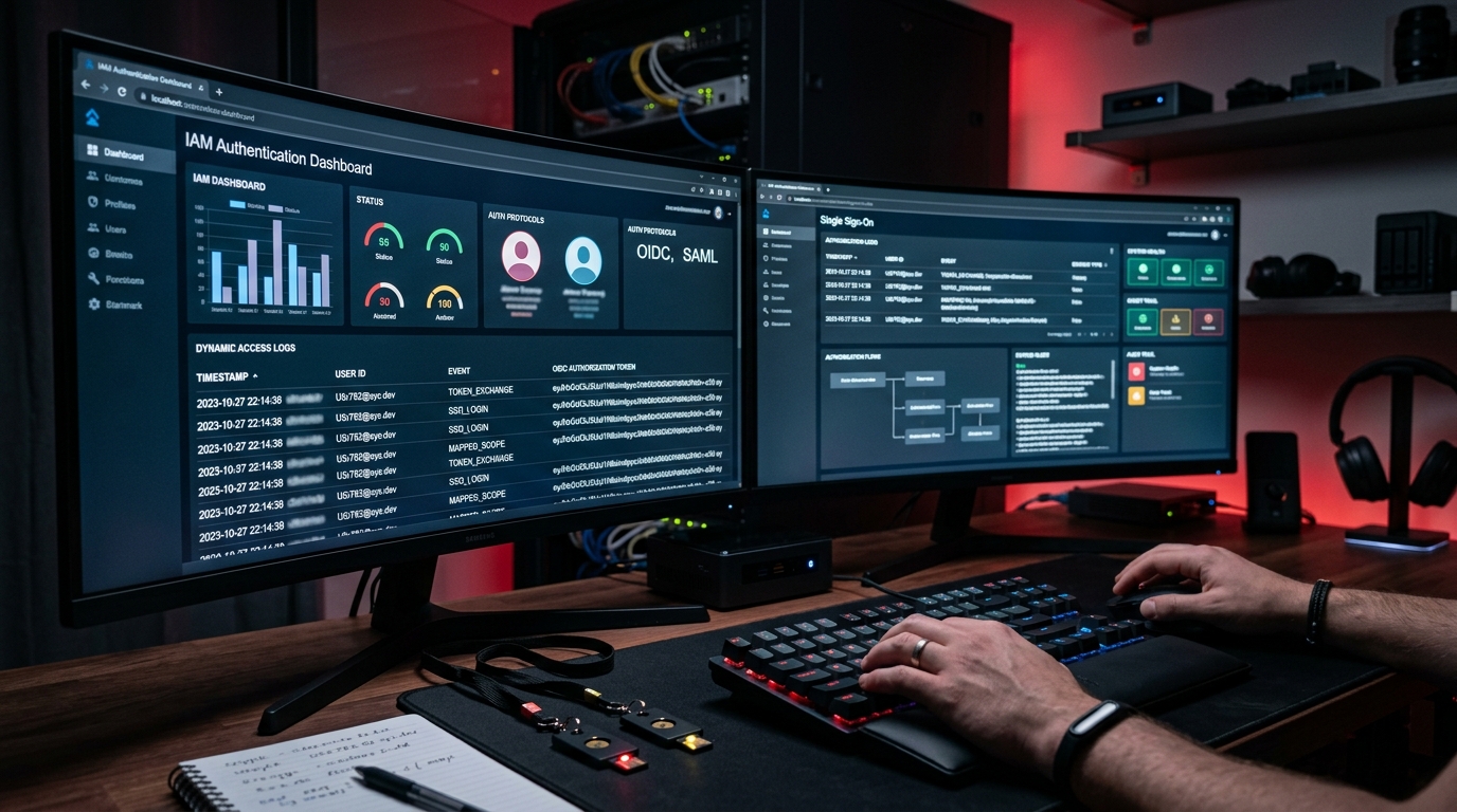 Cyber security engineer workstation with IAM authentication dashboard, OIDC logs and hardware security keys