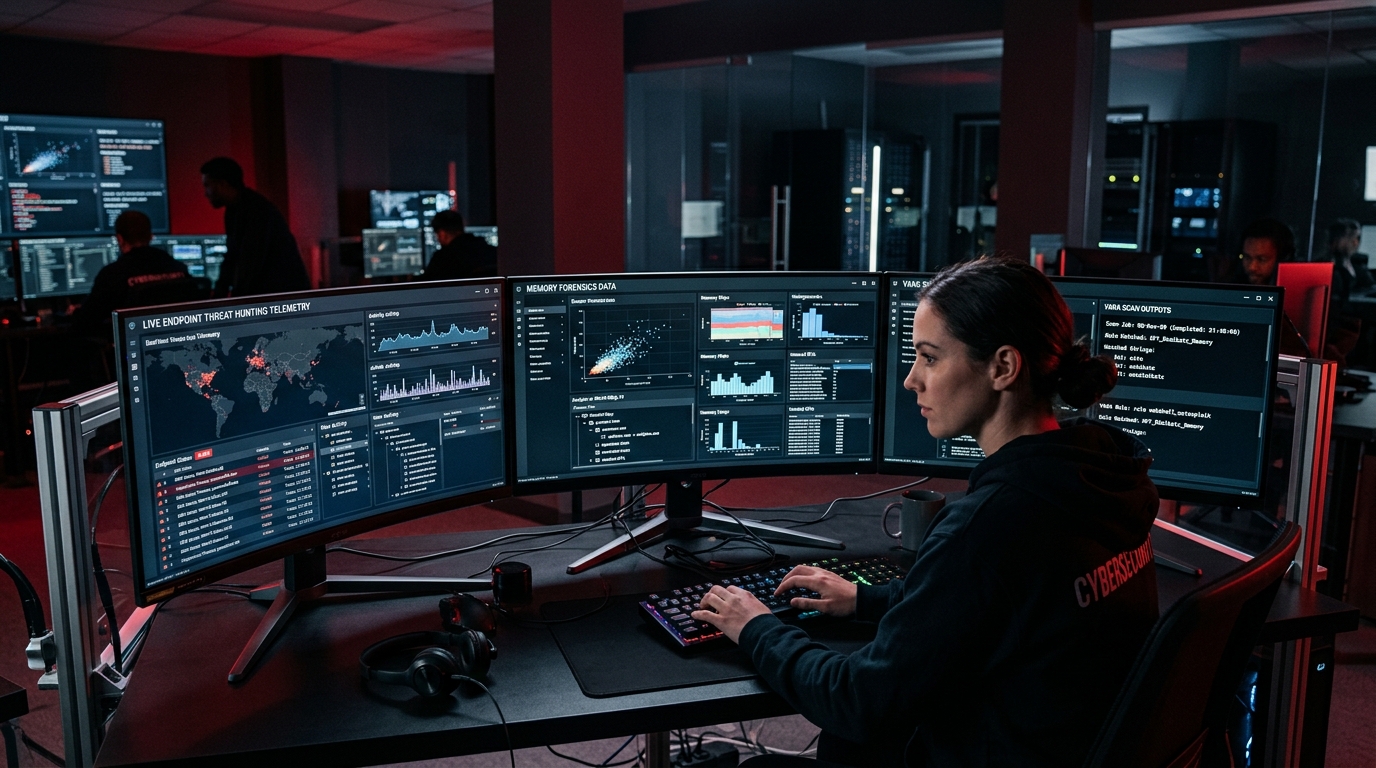 Cybersecurity SOC workstation displaying live endpoint threat hunting memory forensics and YARA scan graphs