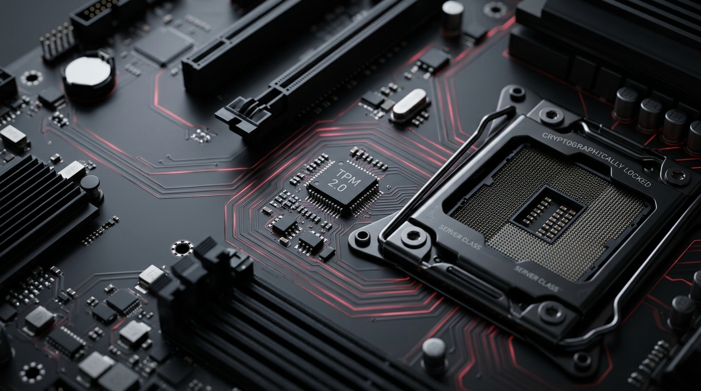 Server motherboard close up showing discrete hardware TPM 2.0 chip and cryptographically secured processor socket
