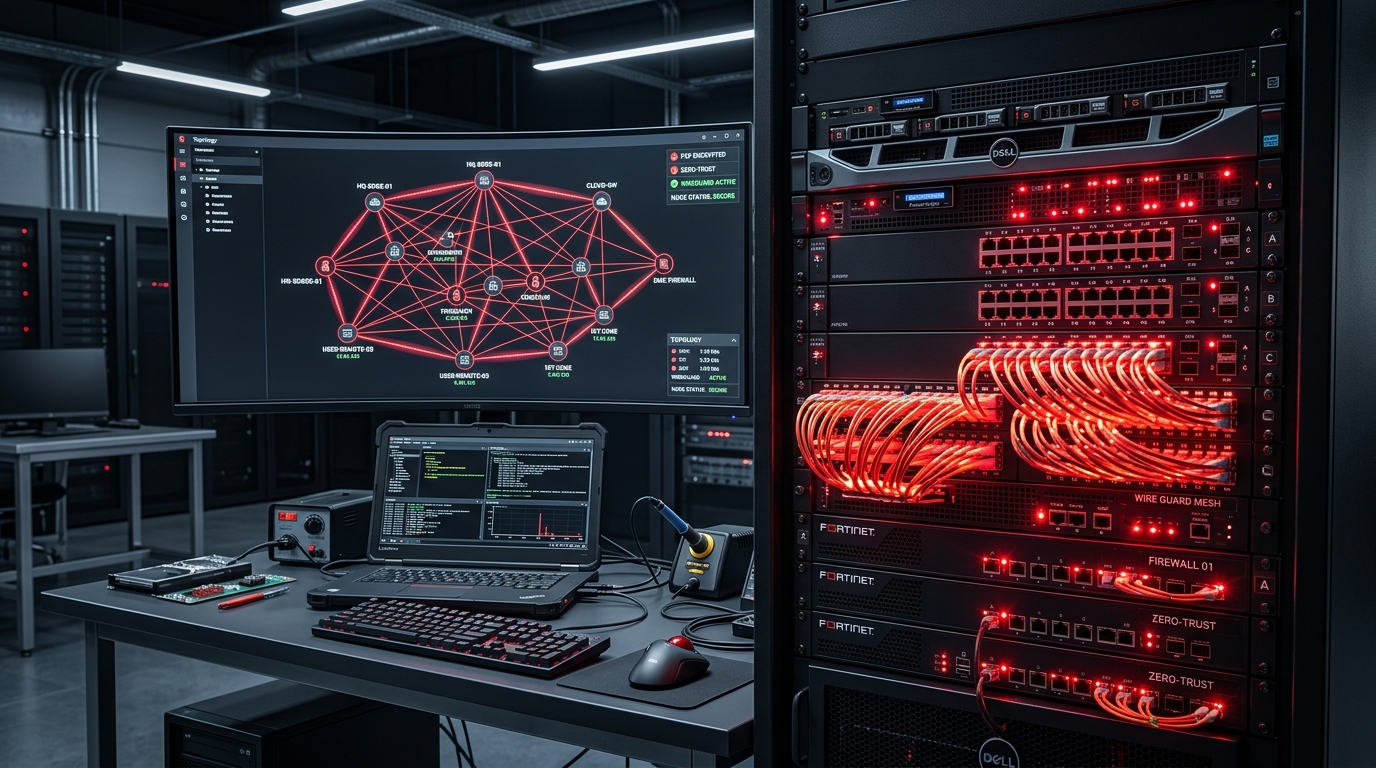 Cybersecurity network engineering server rack and illuminated peer to peer WireGuard mesh topology map